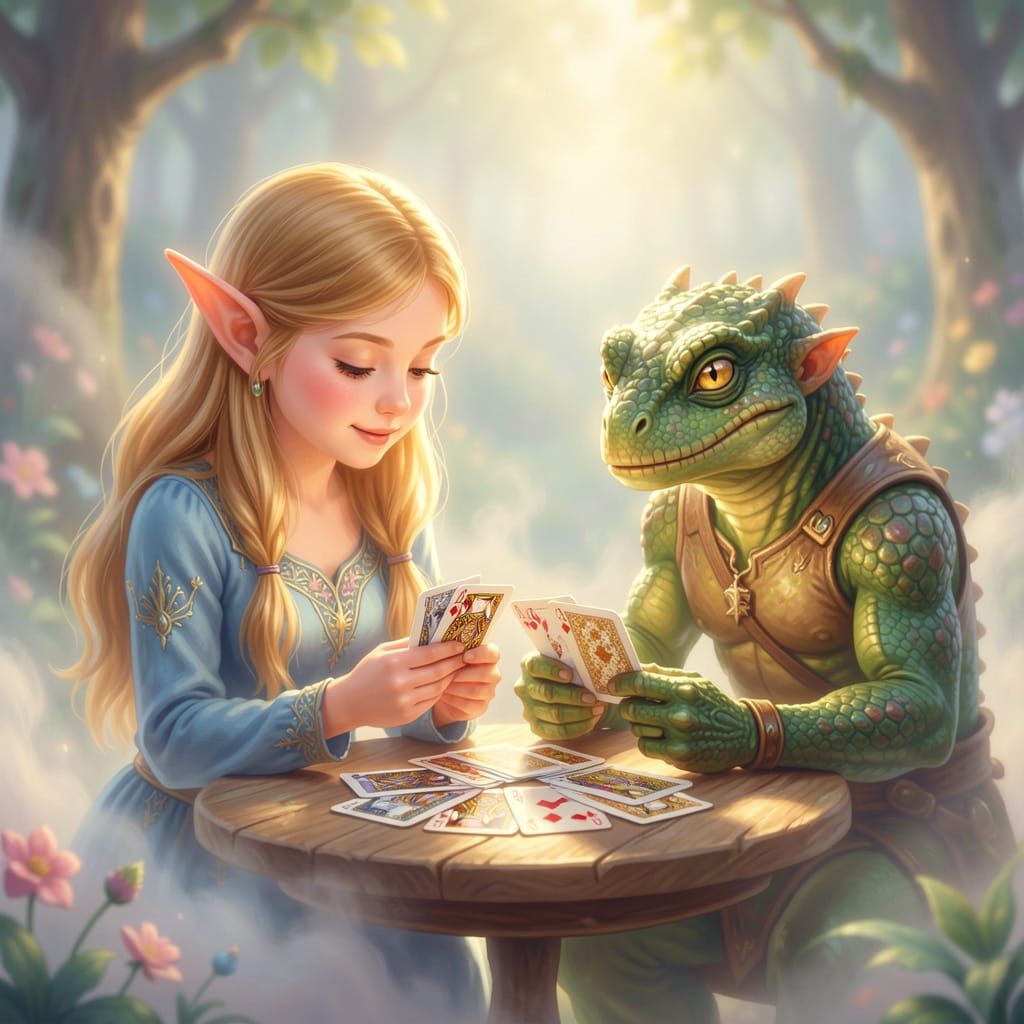 Elf Maiden and Lizardman Play Cards in Misty Light