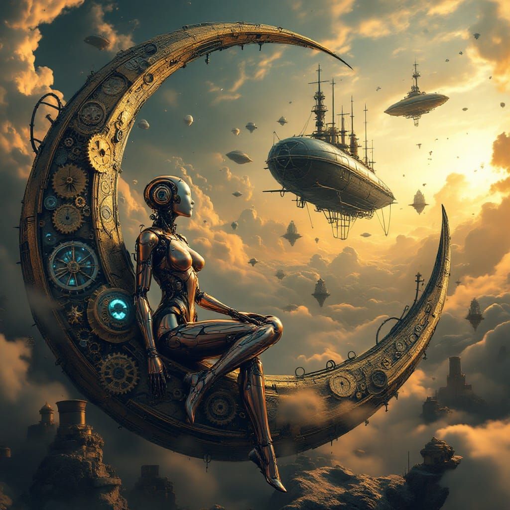 Serene Steampunk Goddess on a Mechanical Moon