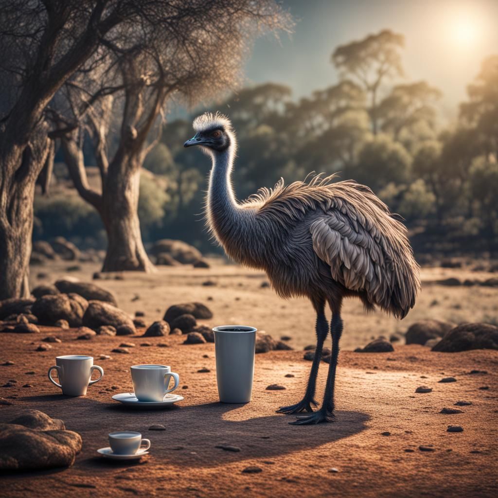 Hyperrealistic Emu Drinking Coffee