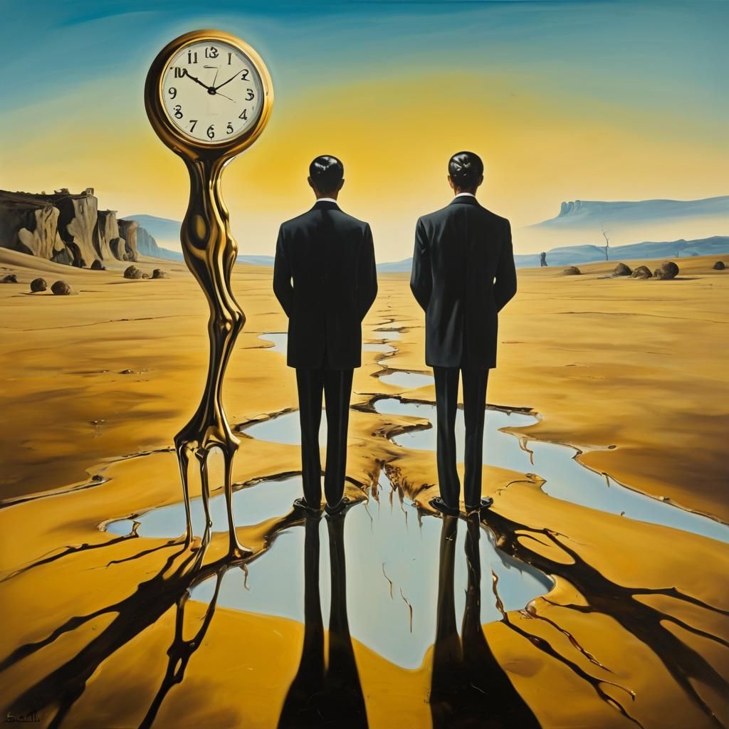 Surreal Figures in Desolate Landscape, Oil Painting