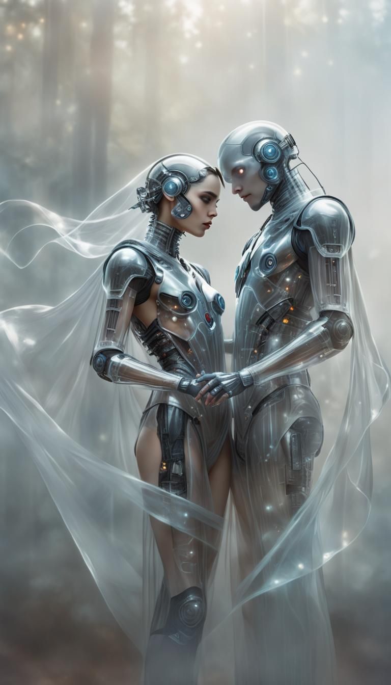 Cyborg Lovers Meeting in Transparent Robes