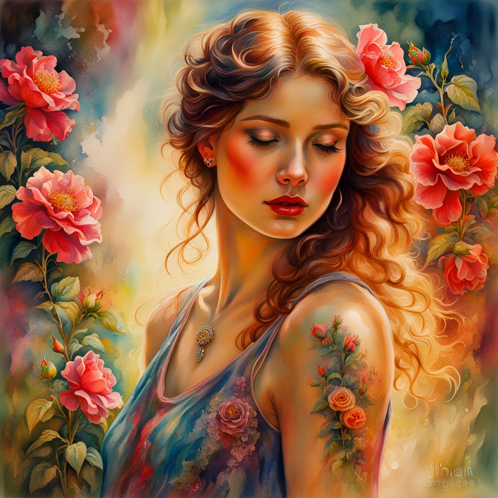 Woman with Rose Tattoo in Watercolor Wet Wash Style