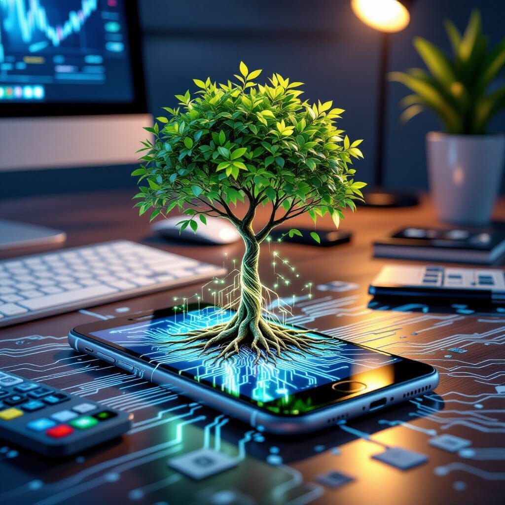 Money Tree Sprouts from Cracked Phone: Hyperrealistic Art