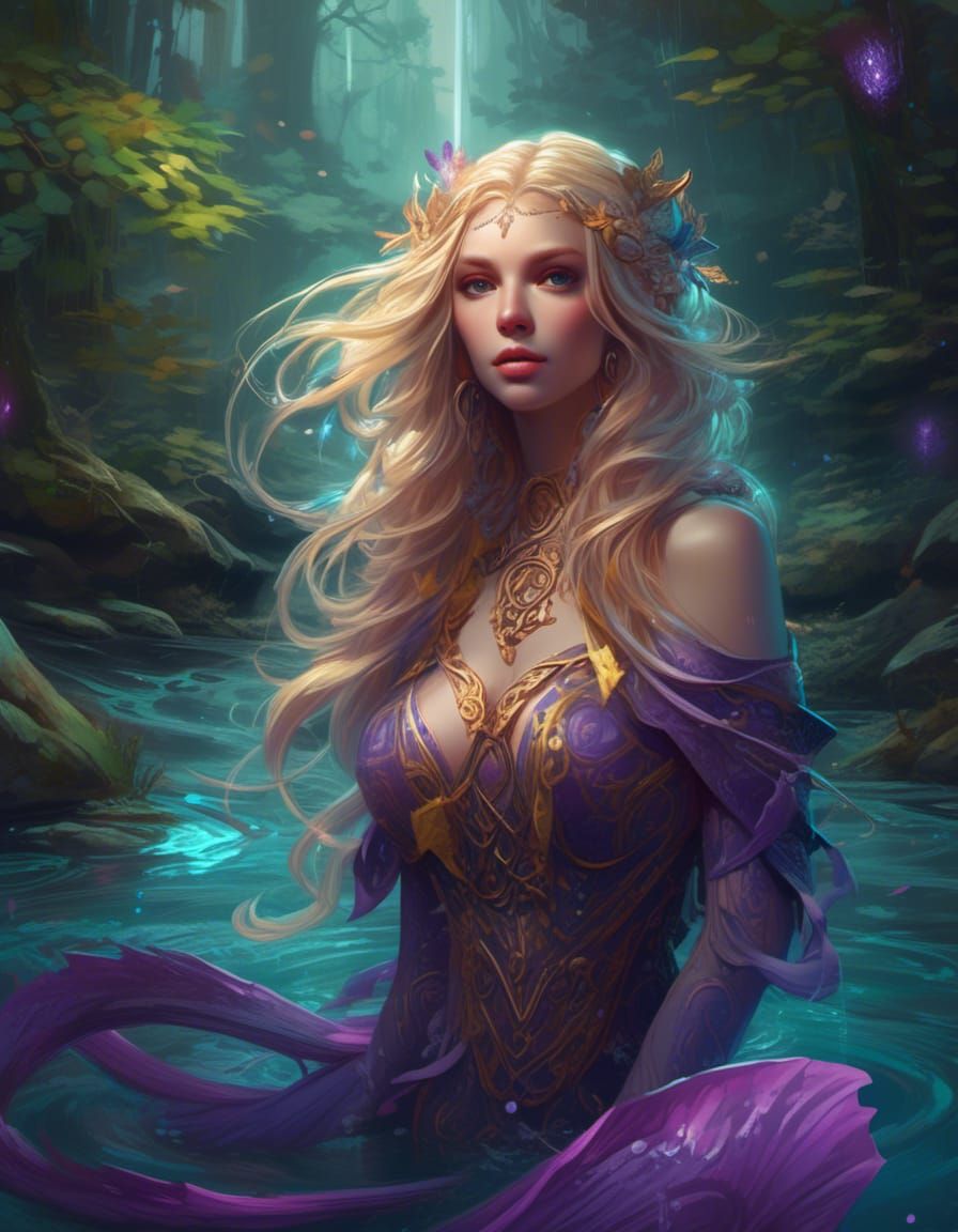 Celtic River Mermaid in Enchanted Forest, Magic Card Style