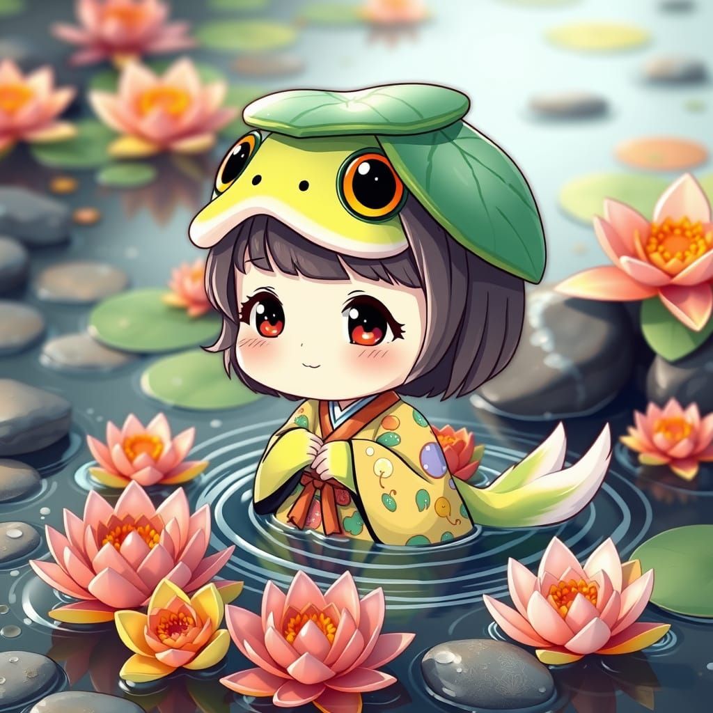 Chibi Kappa Girl Splashing in Koi Pond