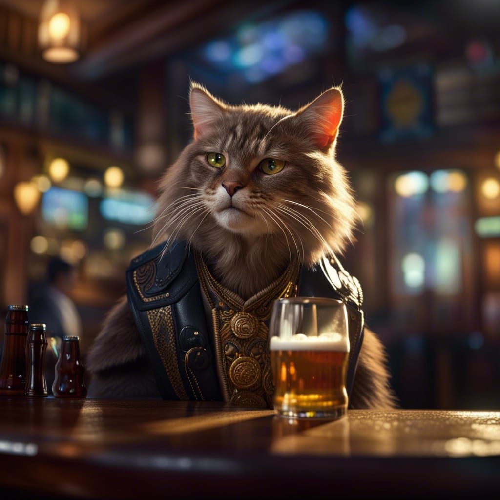 Cat Enjoying Beer in 90s Bar: Hyperrealistic Digital Art