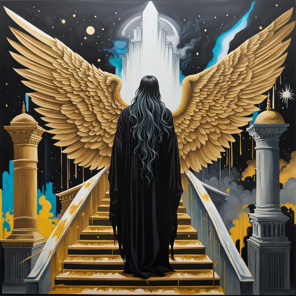 Dark Angel Descending Golden Staircase in Graffiti Art