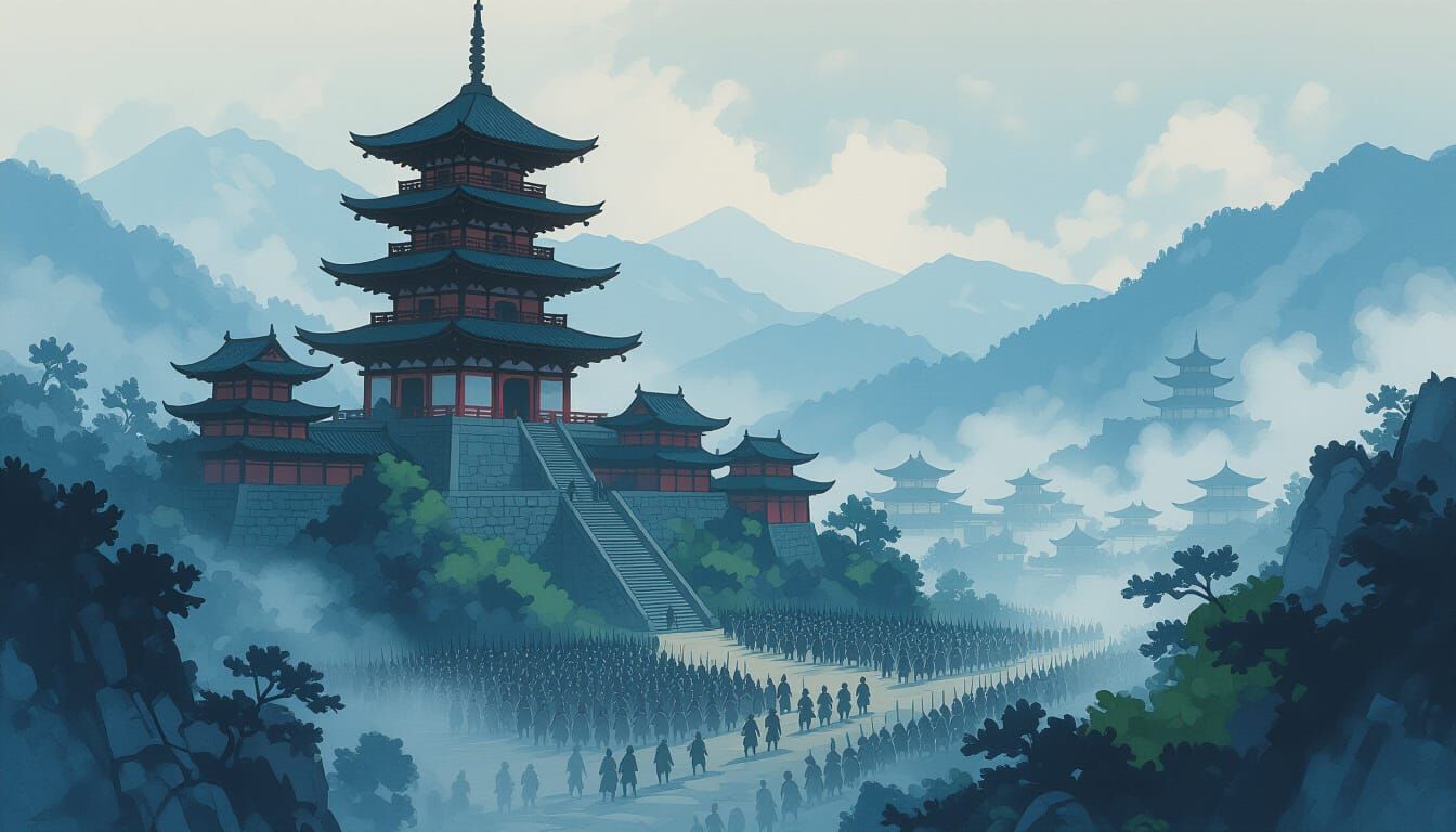 Shogun's Pagoda Fortress Amidst Misty Mountains