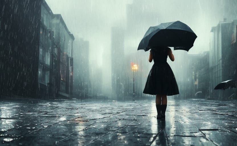 Girl in Rain with Black Umbrella in City