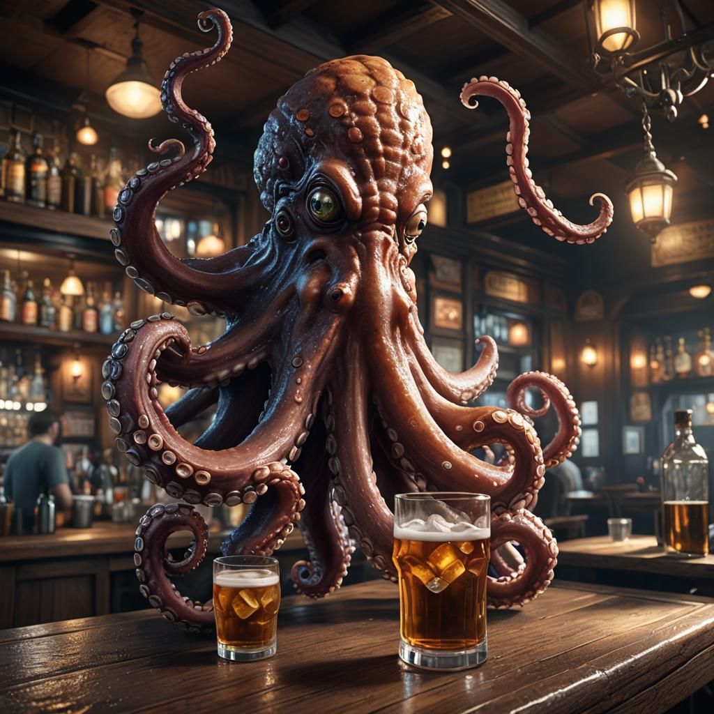 Octopus Enjoys a Drink: 3D Game Cinematic Render