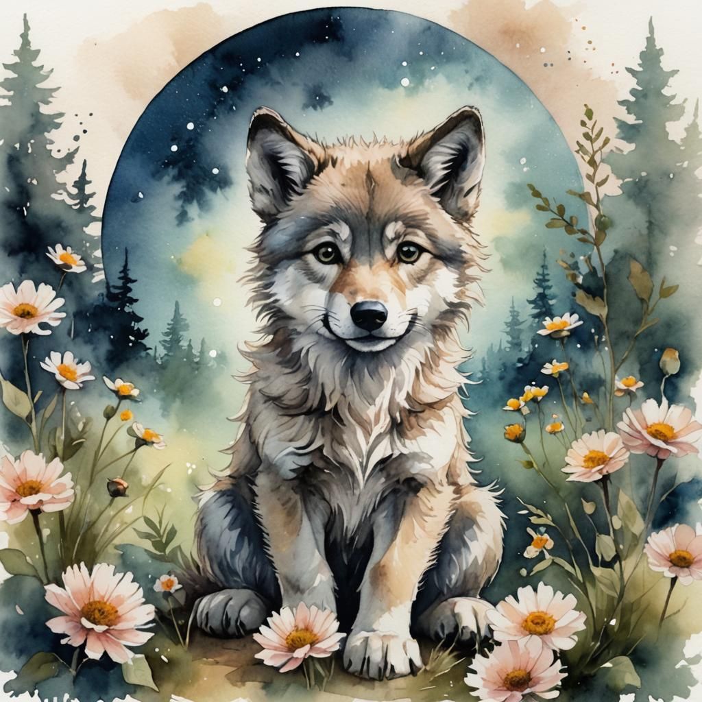 Adorable Baby Wolf Portrait in Watercolor Style