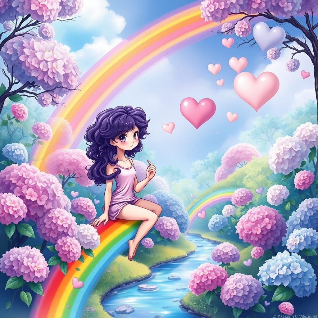 Whimsical Girl Sits on Rainbow in Vibrant Forest with Colorf...