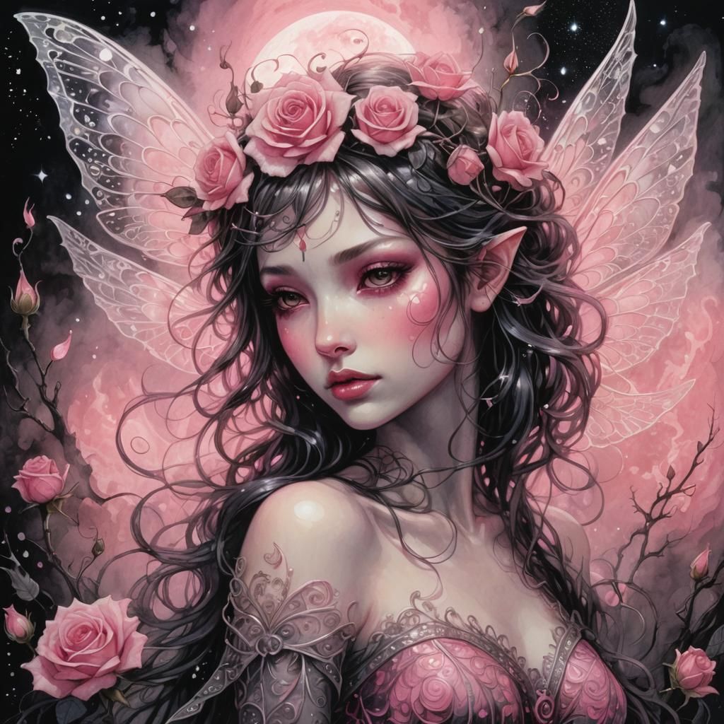 Rose Fairy with Pink Wings in Dark Fantasy Art