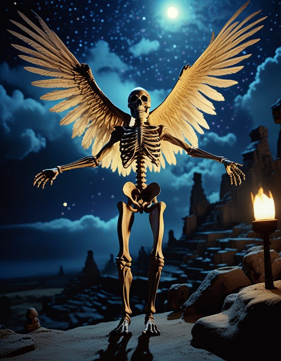 Four-Armed Skeleton Dances Under the Golden Mayan Calendar