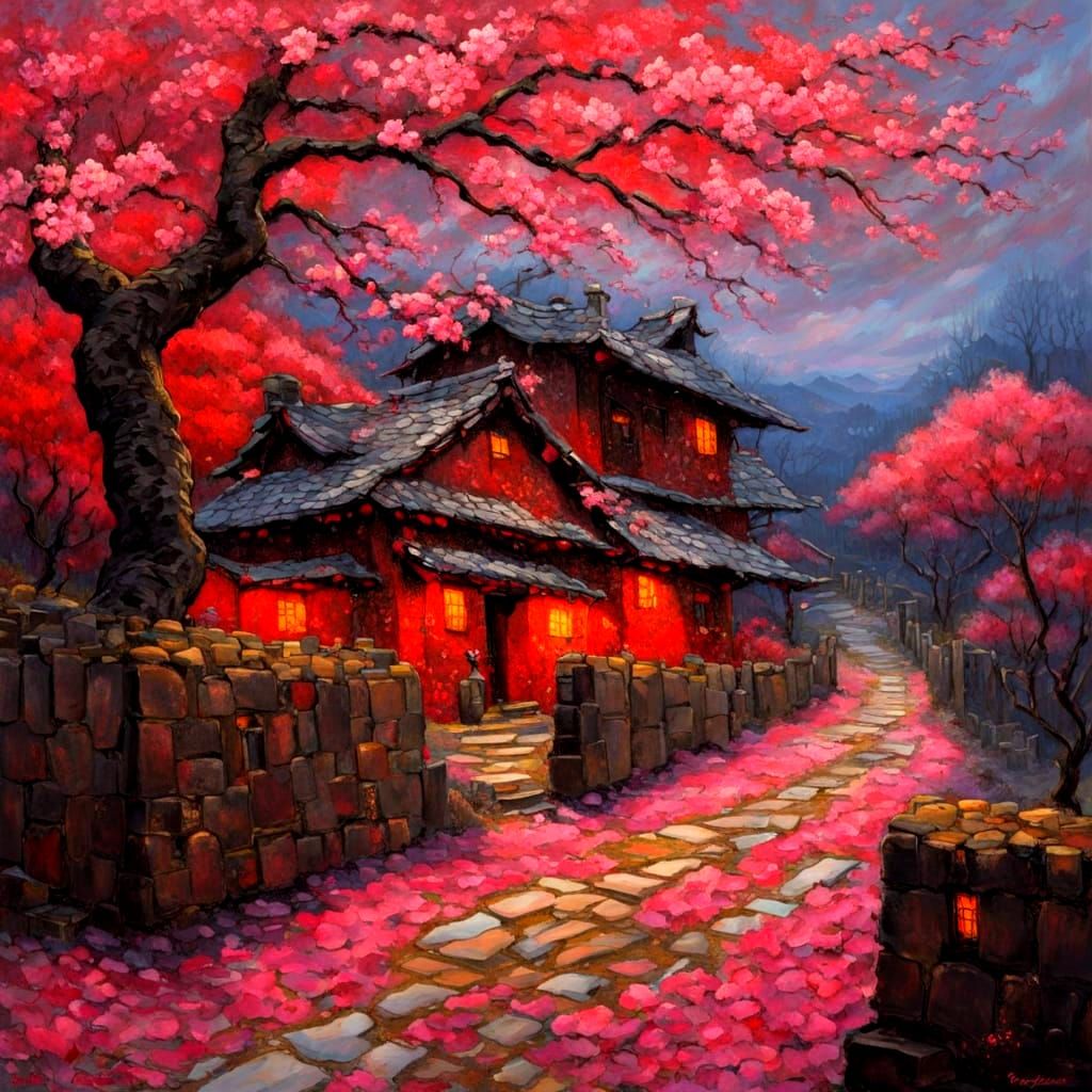 Expressionist maximalist putty impasto with gloomy fantasy effect, red Sakura blossoms finely detailed with a reddish br...