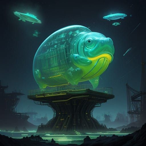 Glowing Blobfish in Steampunk Space Odyssey