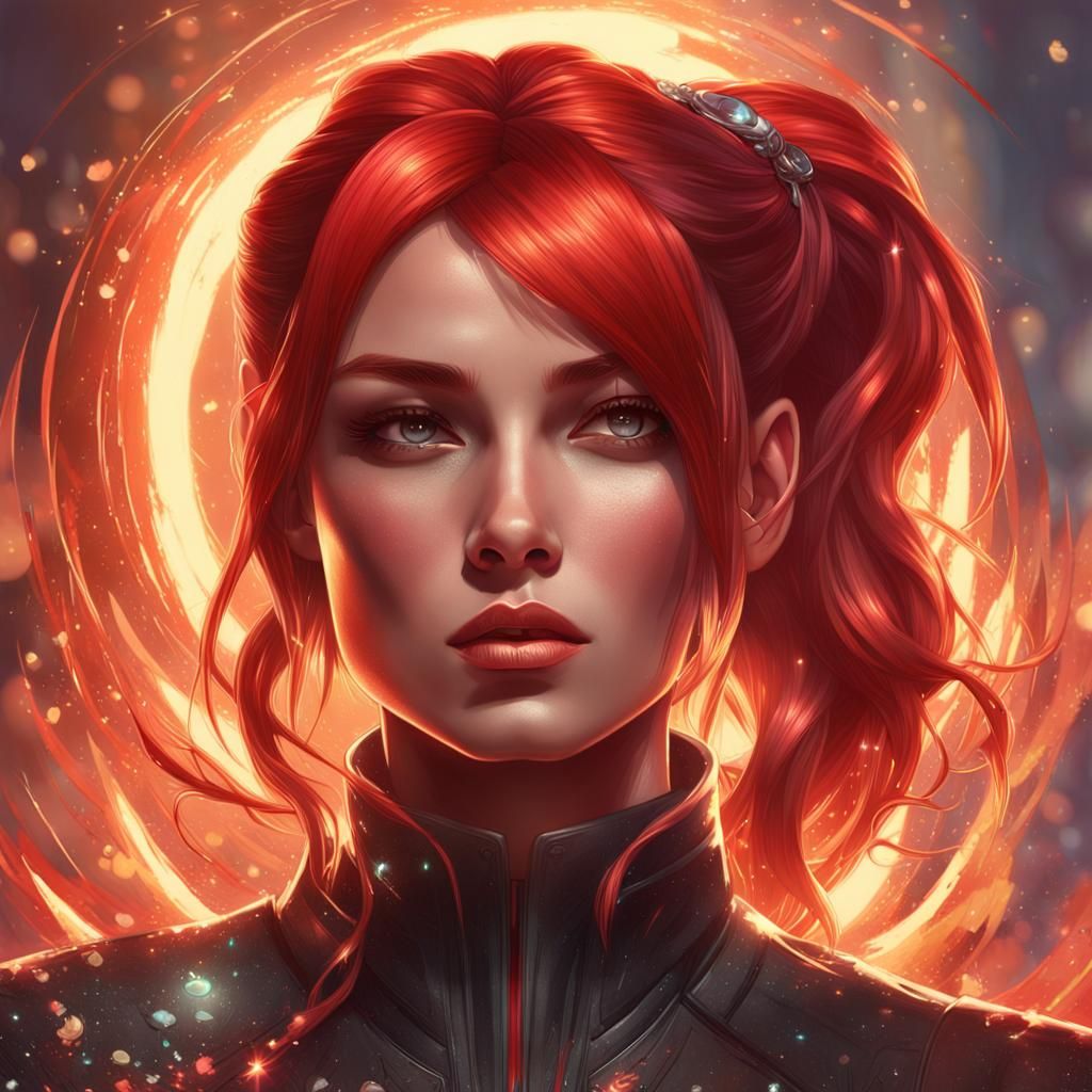 Metallic Red Hair Portrait with Burning Halo