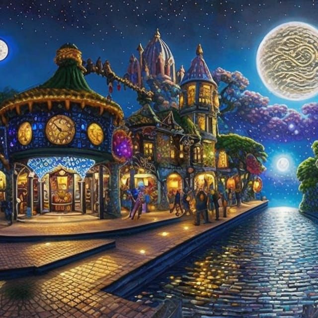 Yarn-Bombed Magic Clock Town Under Starry Sky