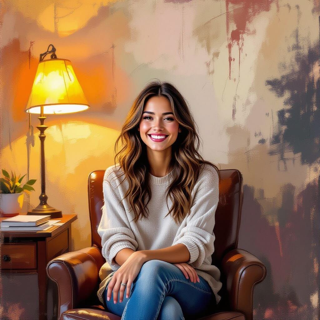 Joyful Woman in Psychologist Office, Mixed Media Style