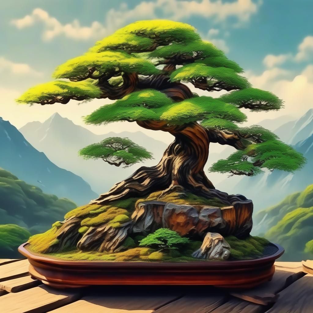 Mesmerizing Bonsai Tree on a Hill in Painting Style