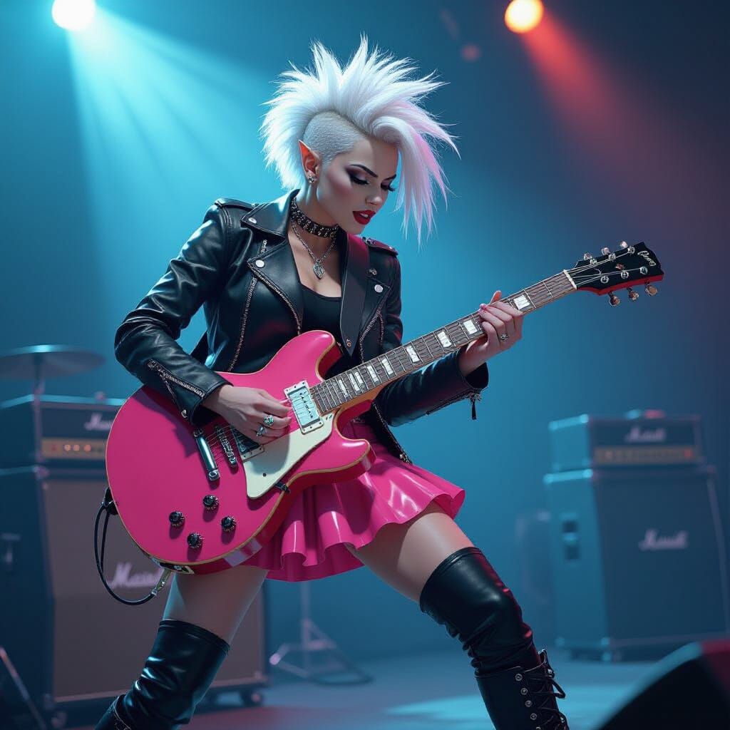 Elf Guitarist in Leather Jacket with Pink Skirt