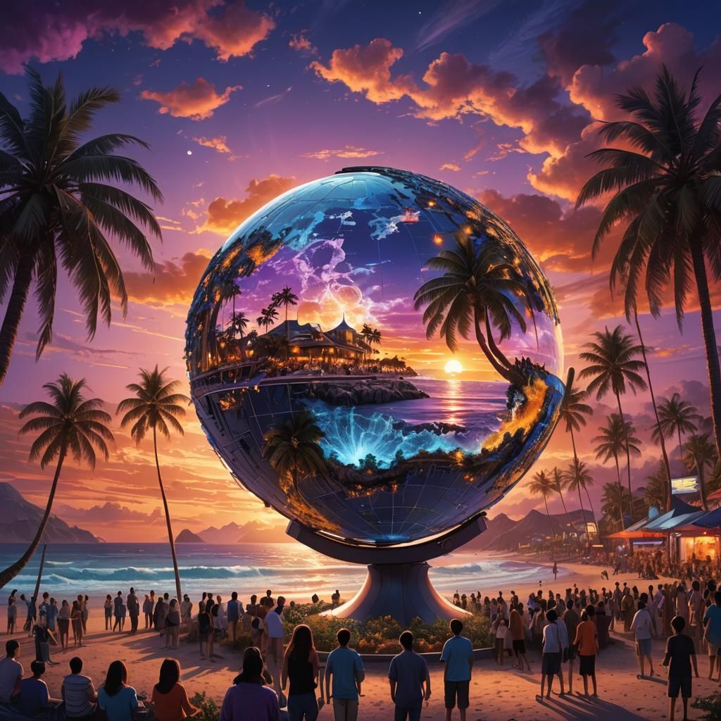 Fantasy Globe LCD Screen on Beach at Sunset