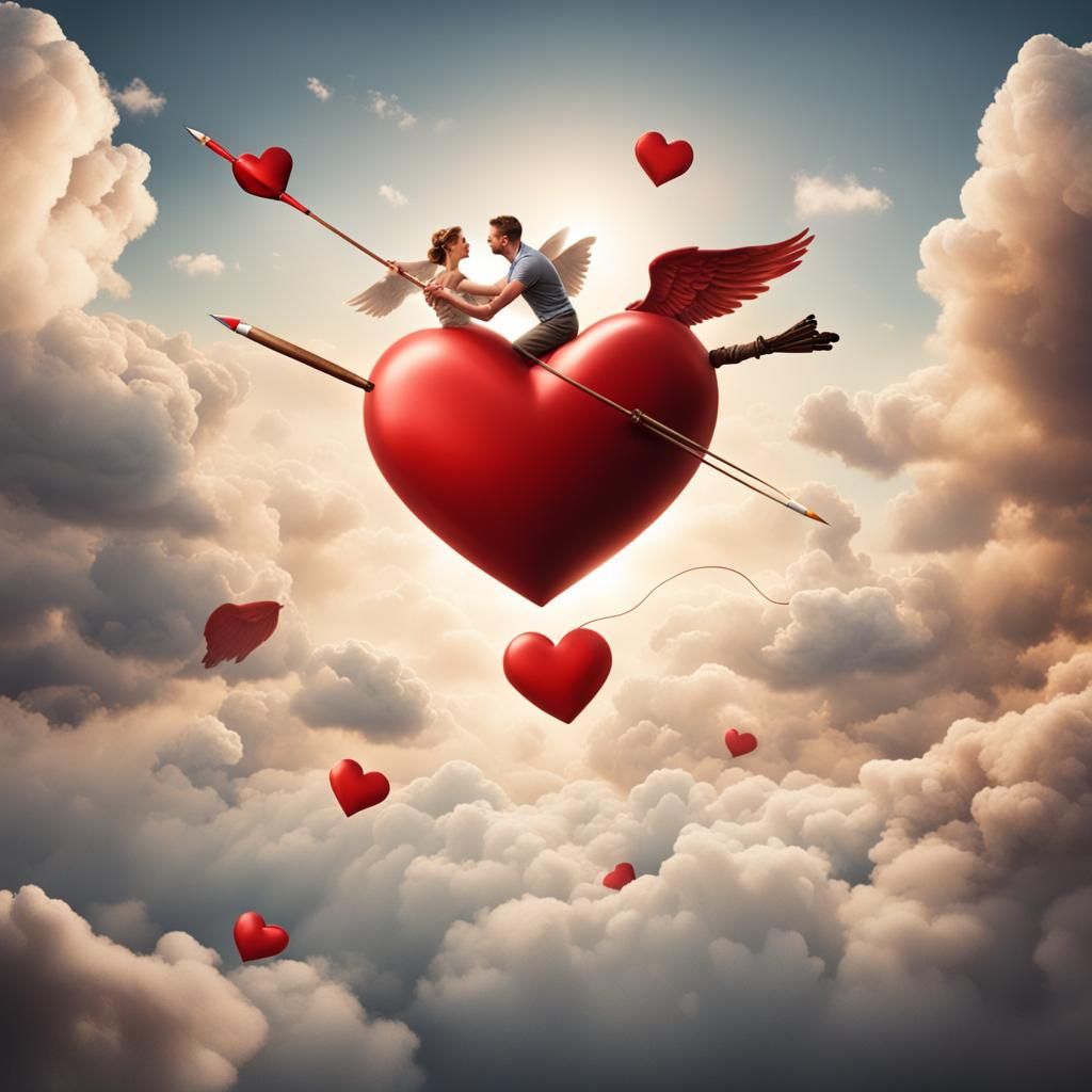 realistic photo, cupid floating in the sky sending an arrow into a heart, a couple below the intertwined heart,
