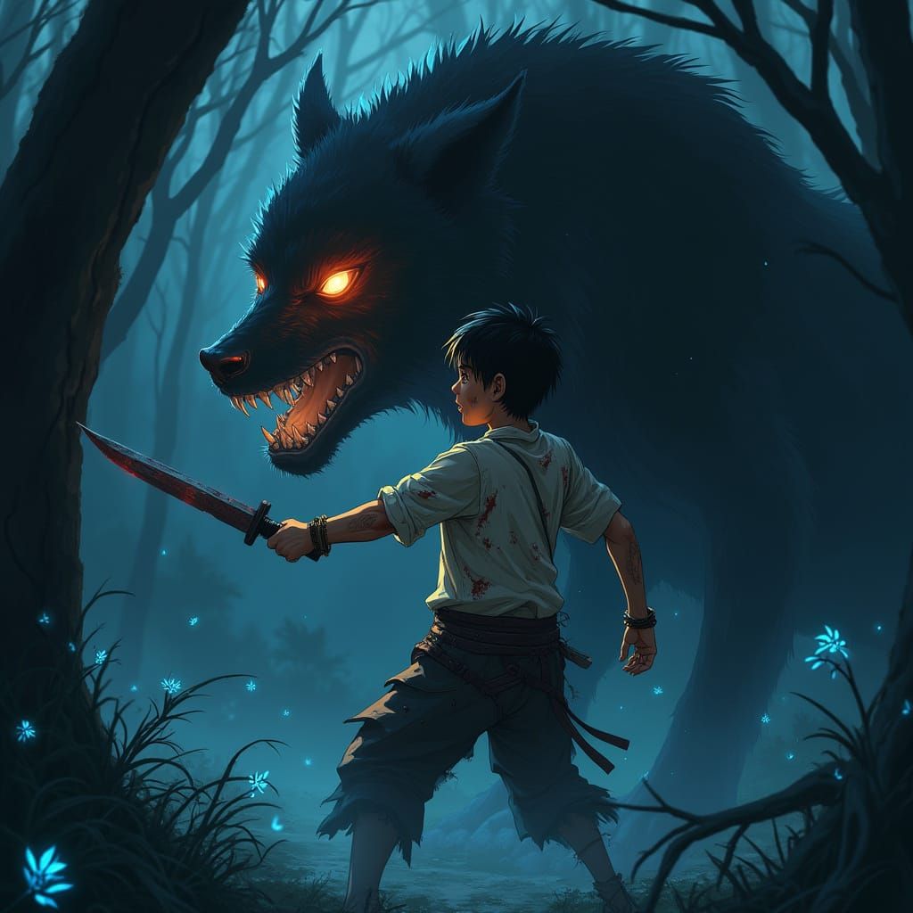 Dark Fantasy Boy Battles Wolf-Like Monster in Gritty Forest ...