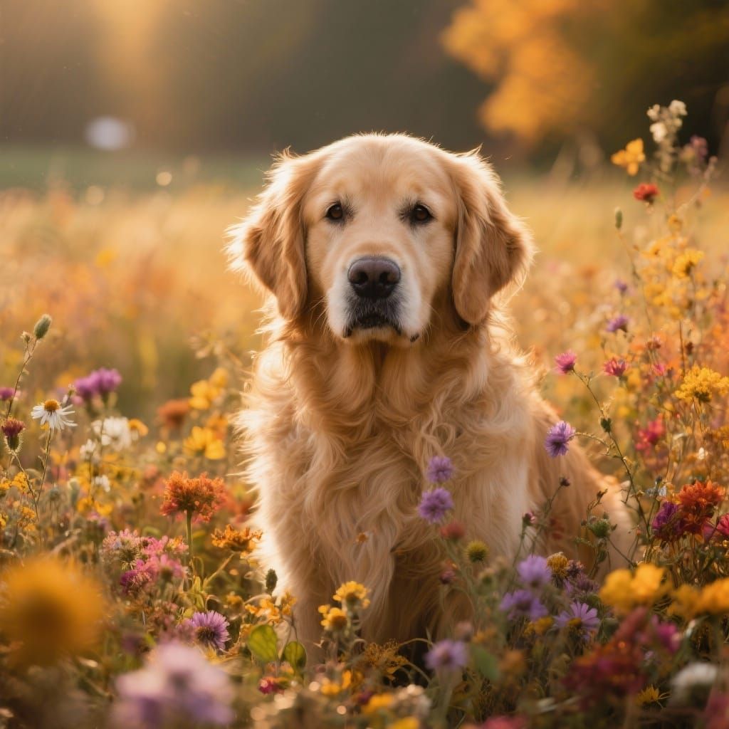 Golden Retriever in Autumn Meadow with Wildflowers