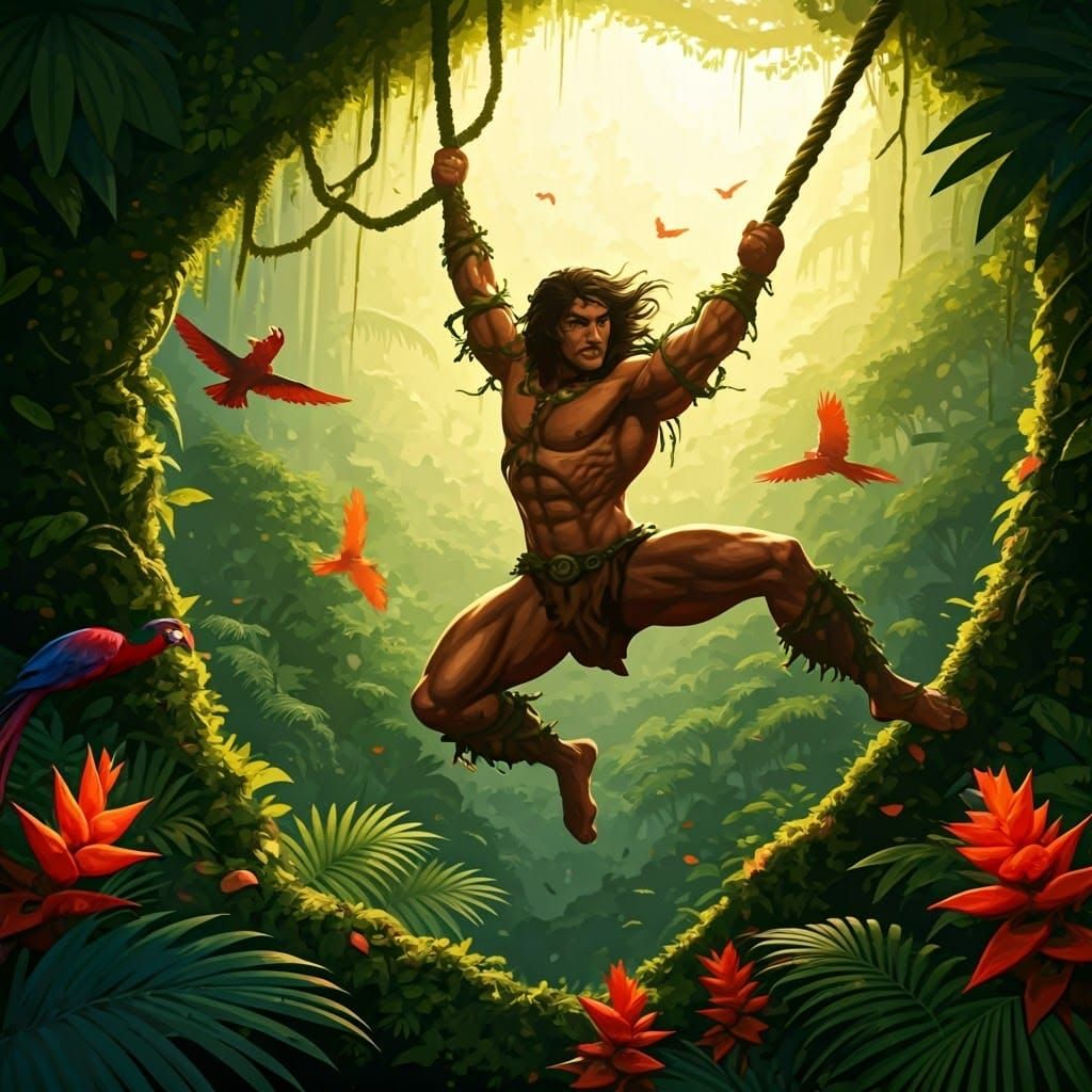 Tarzan Swings Through Lush Jungle Canopy