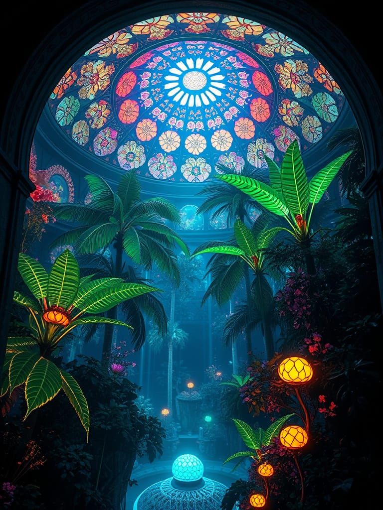 Surreal Observatory with Glowing Tropical Flora