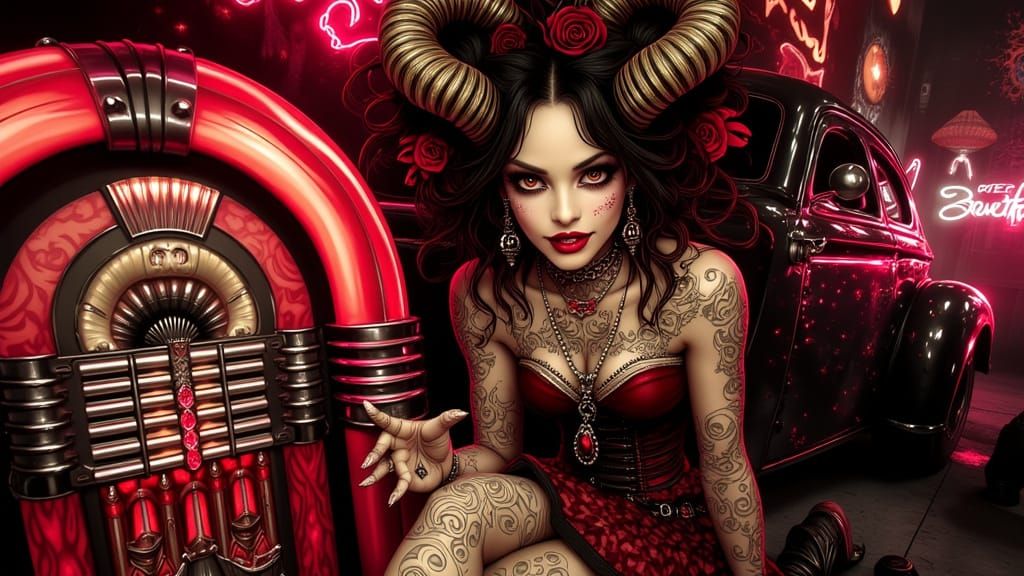 Rockabilly Demon Queen with Neon Jukebox