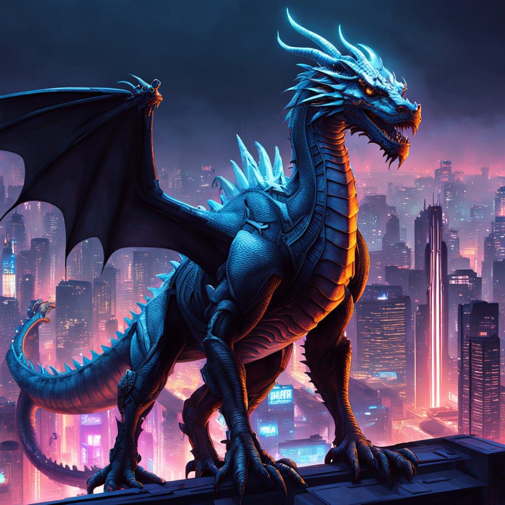Cyberpunk Dragon in Dystopian Cityscape