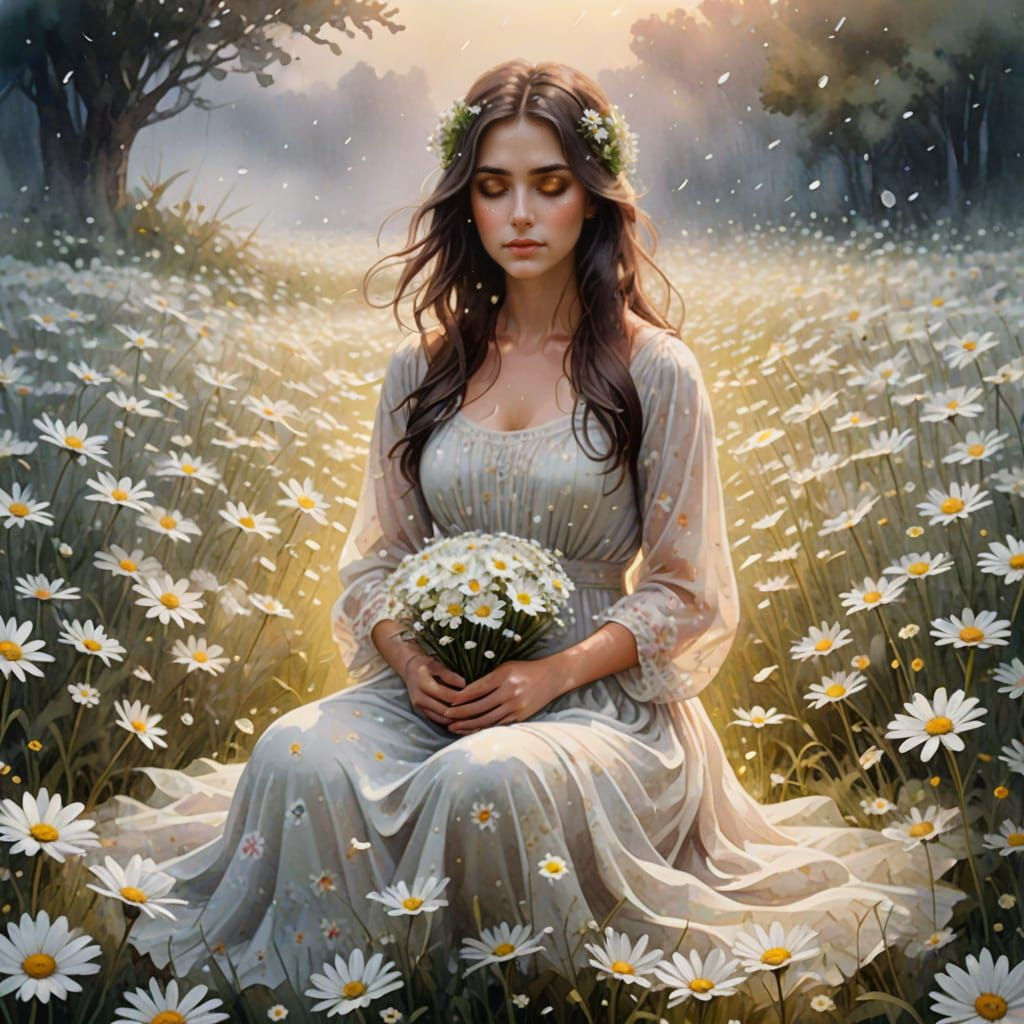 Woman in a Dreamy White Daisy Field