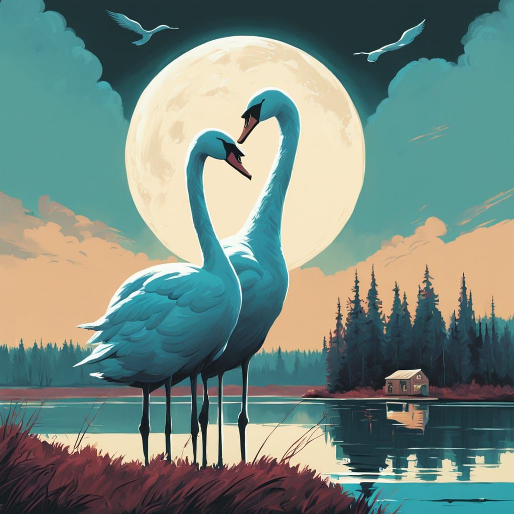 Swans Form Heart in Romantic Surrealist Landscape