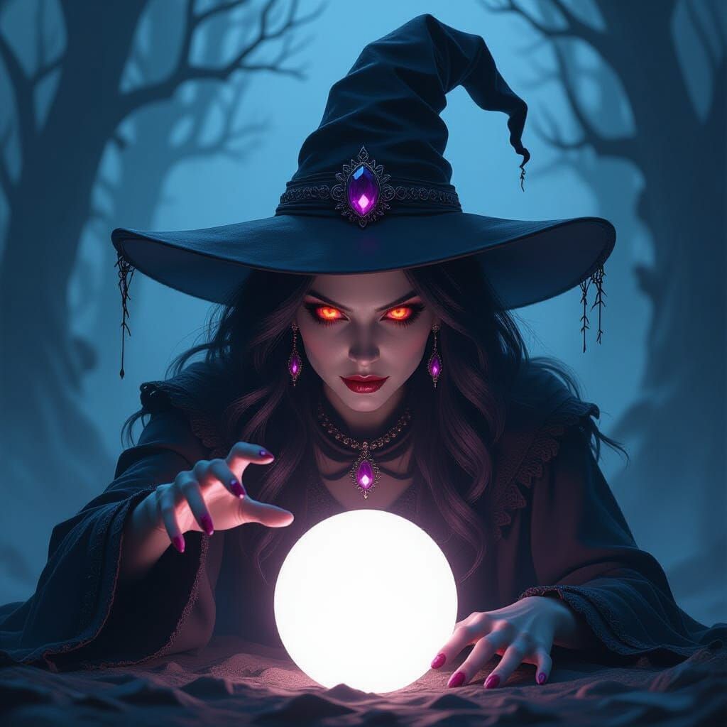 Halloween Witch with Crystal Ball in Dark Fantasy Style