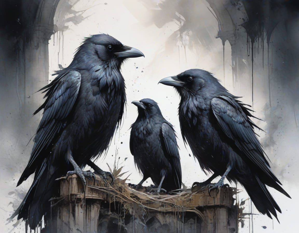 Ravens on Stormy Cathedral Spire in Watercolour Style