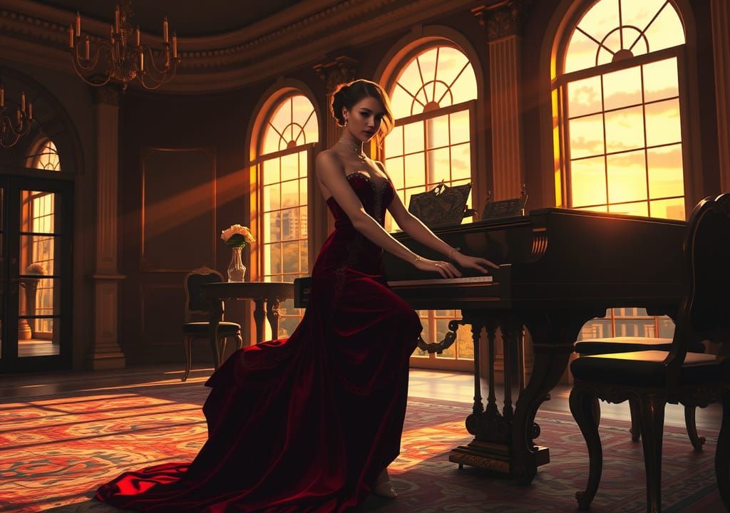 Elegant Woman at Piano in Opulent Art Deco Salon
