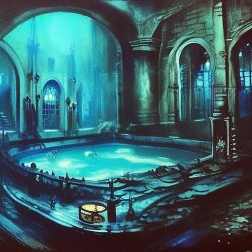 Luminescent Gothic Pool in Eldritch City, Dark Romanticism