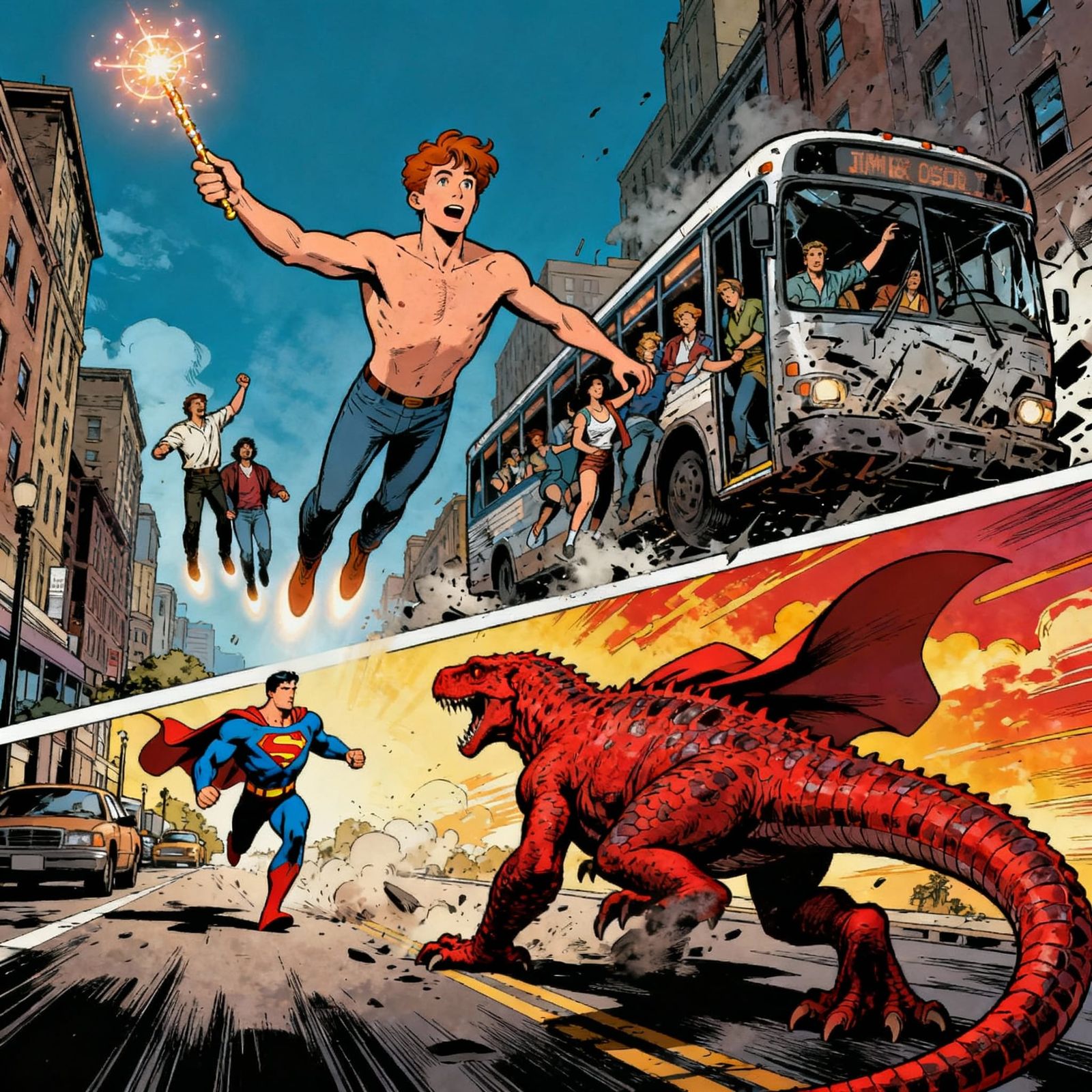 Superman Battles Giant Lizard as Jimmy Olsen Rescues Civilia...