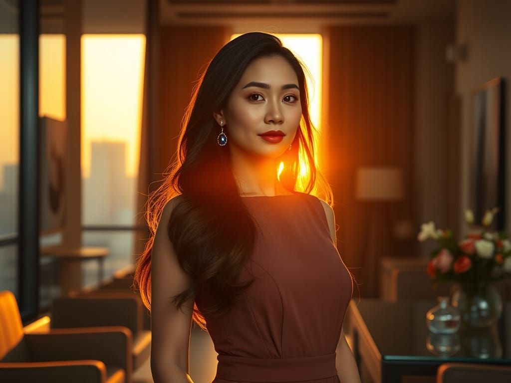 Elegant Businesswoman in Luxurious Office at Sunset