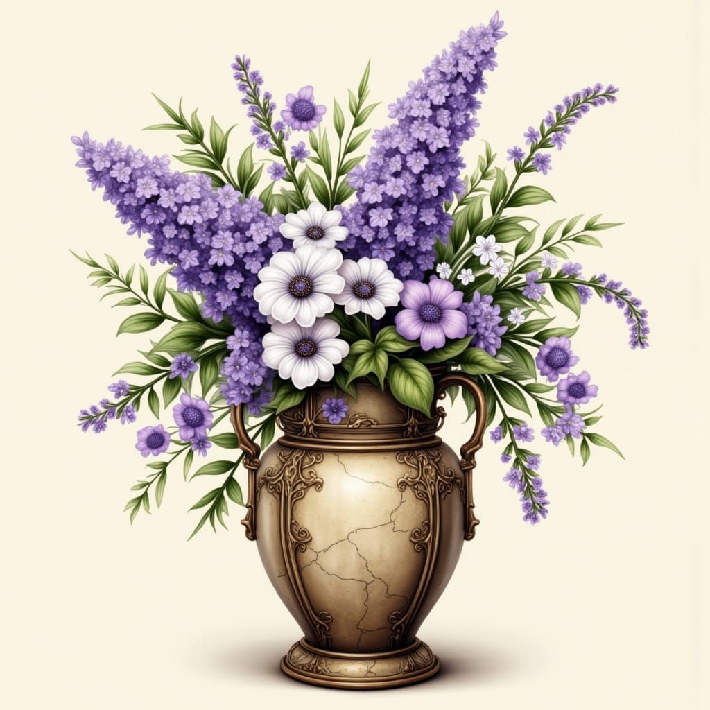 Whimsical Floral Fantasy in Distressed Vintage Vase