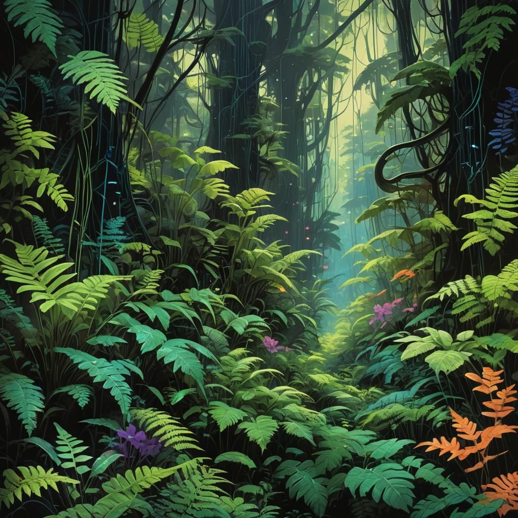 Neon Forest Undergrowth with Fractal Ferns