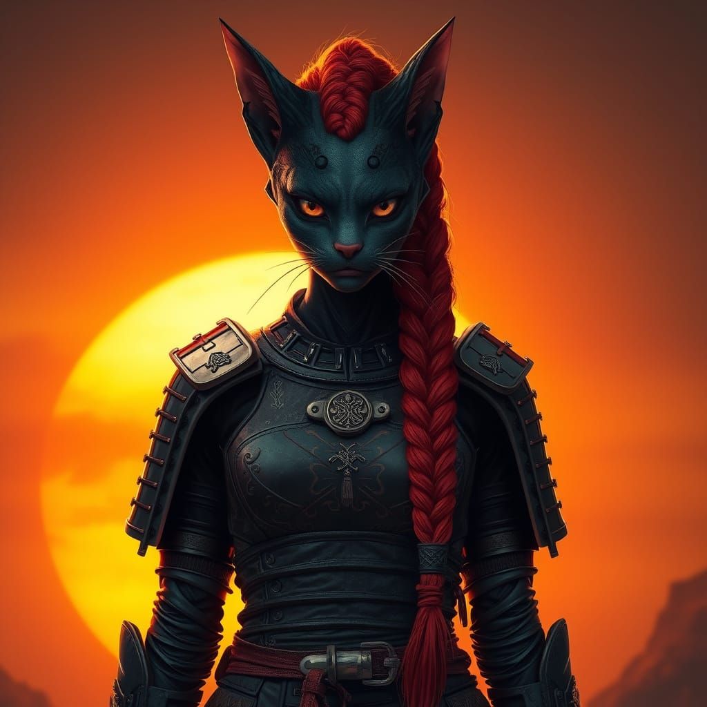 Sleek Feline Alien Samurai in Dark Futuristic Landscape