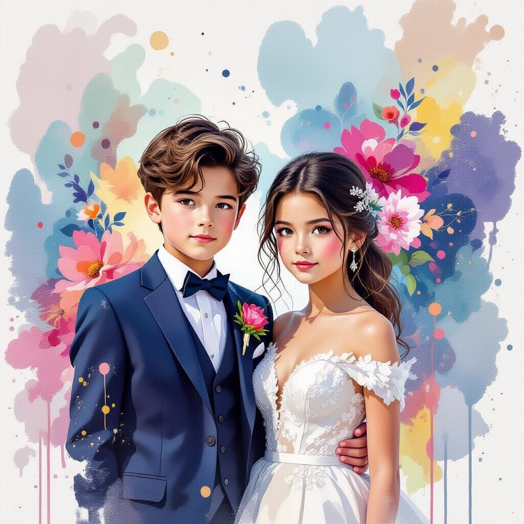 Elegant Children Surrounded by Abstract Shapes as Digital Ar...