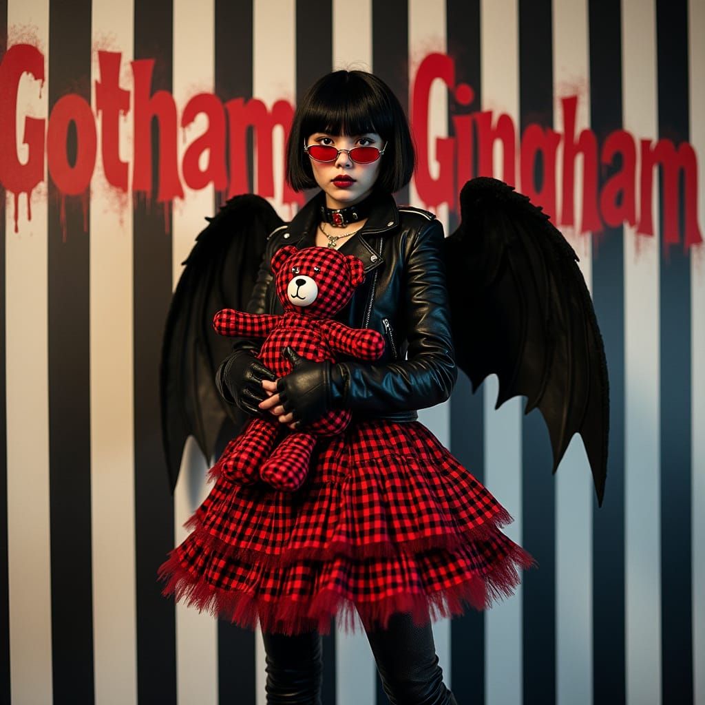 Gothic Rebel Girl Embodies Dark Elegance with Gingham Layers