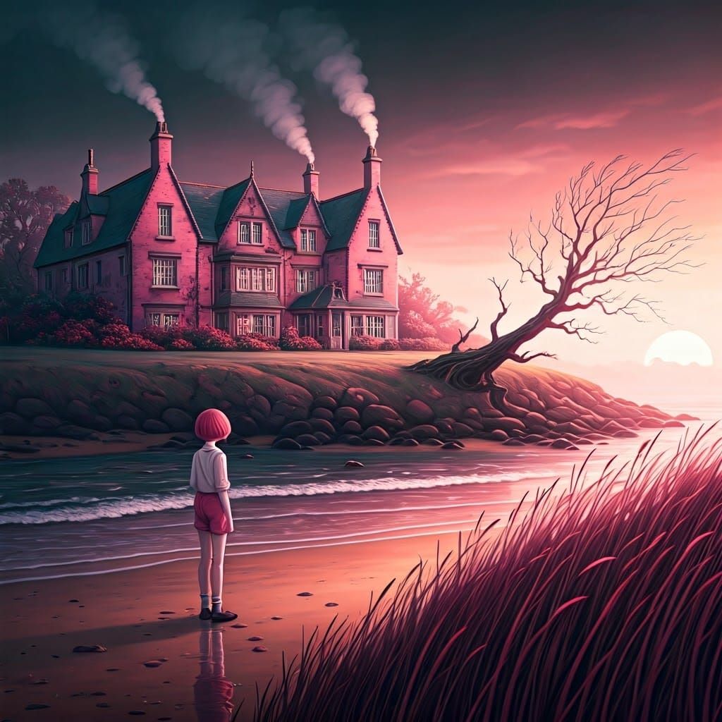 Pink Seaside Manor in Surreal Watercolor Style