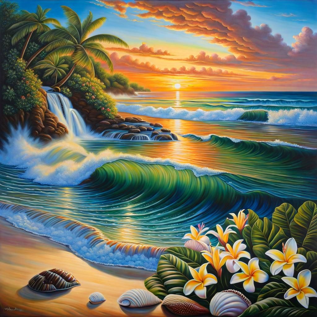 Tropical Beach and Waterfalls: Masterpiece Oil Painting