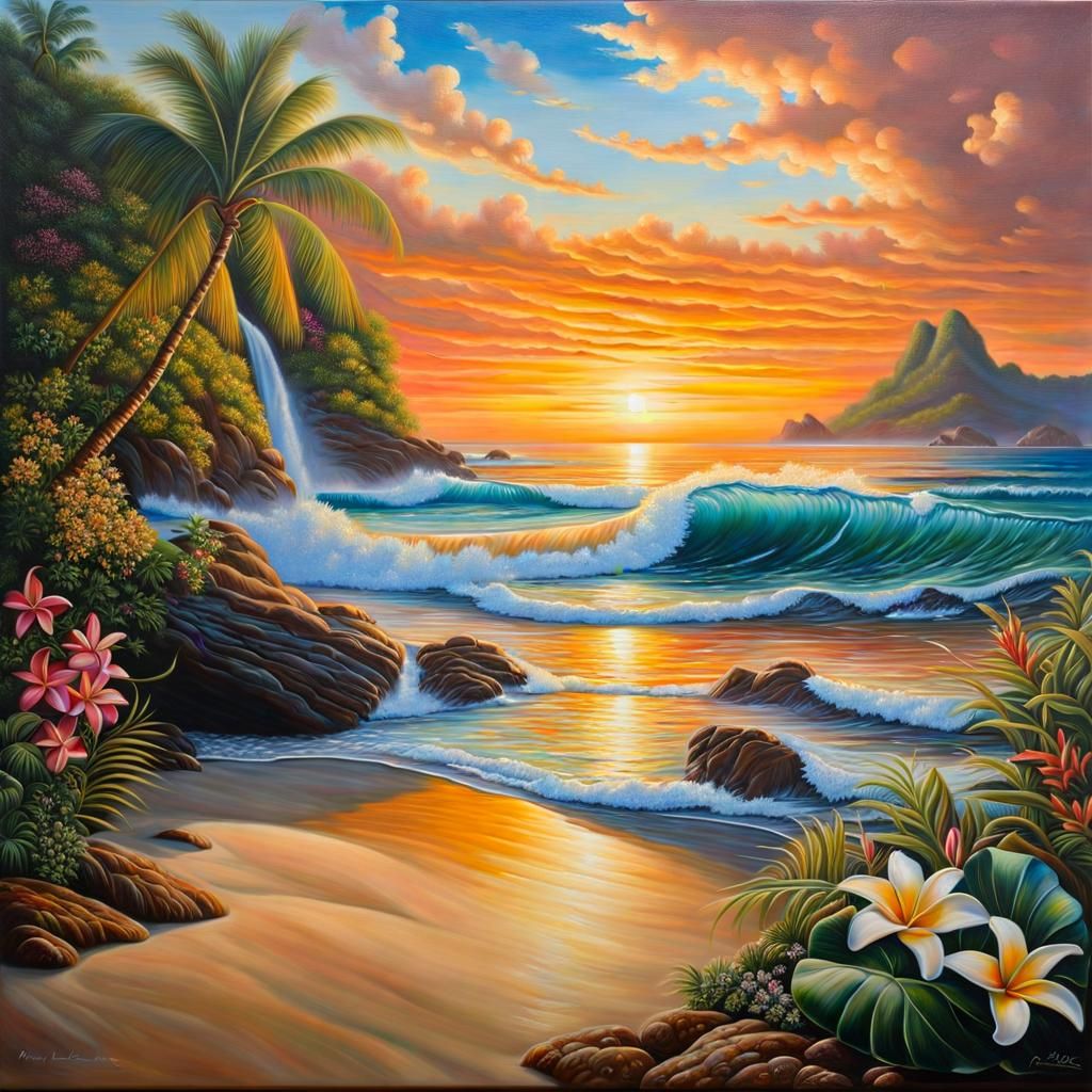 Tropical Beach and Waterfalls Oil Painting