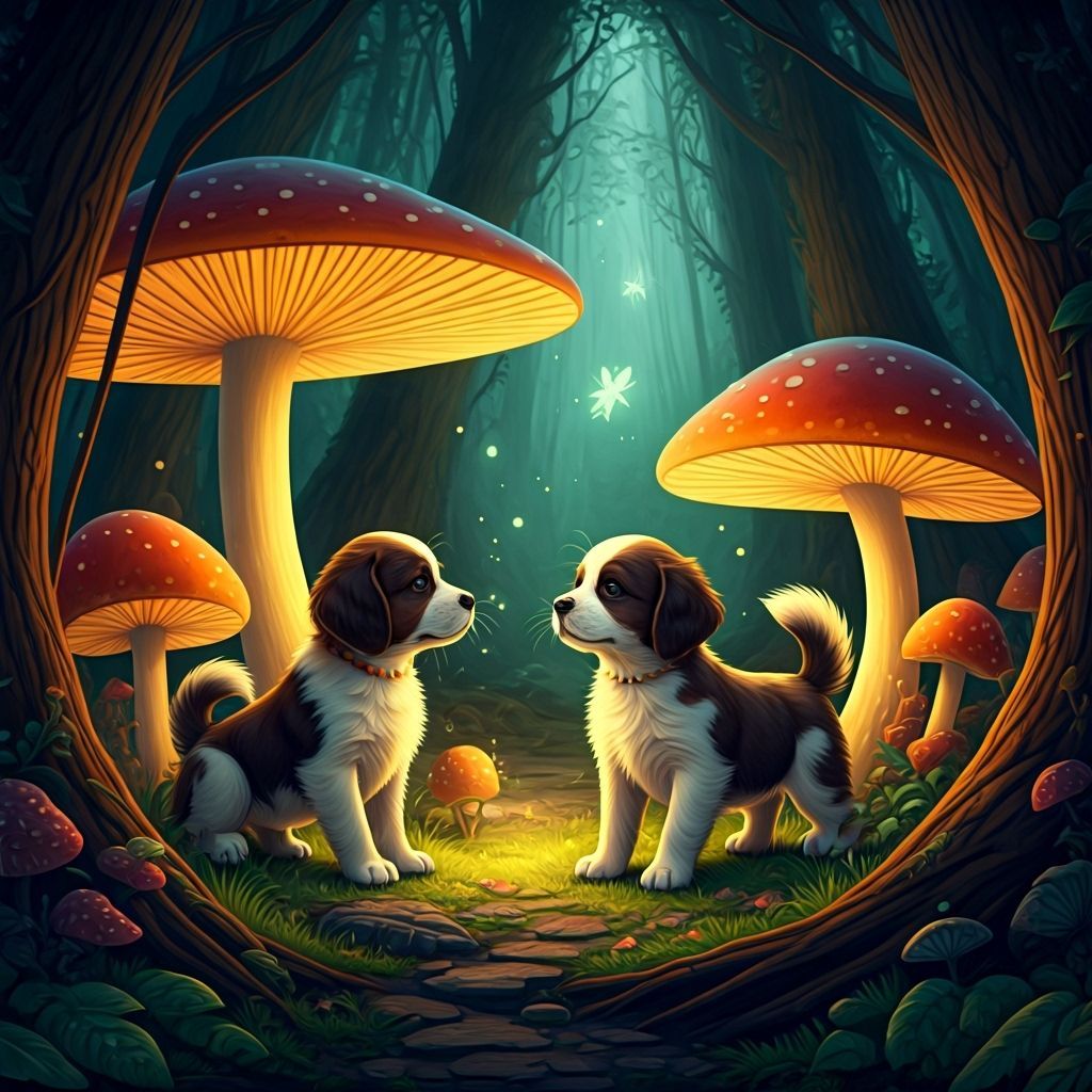 Puppies Play Among Glowing Mushrooms: Cartoon Art